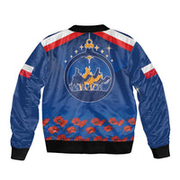 Unisex blue bomber jacket with back crest, gold star, and poppy flower border