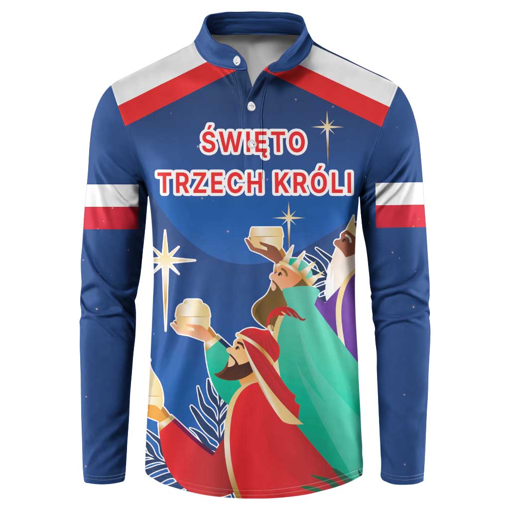 Blue Three Kings button sweatshirt with red-white stripes and nativity scene graphic