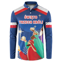 Blue Three Kings button sweatshirt with red-white stripes and nativity scene graphic