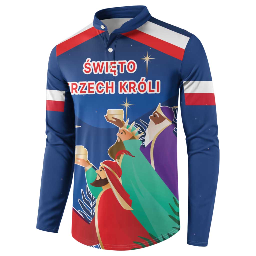 Blue button sweatshirt with red-white stripes and Three Kings text over nativity