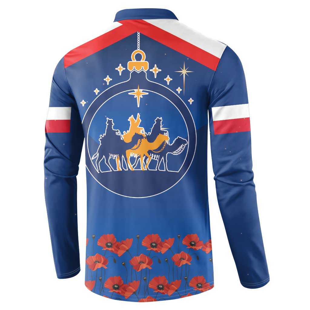 Blue back button sweatshirt with stable silhouette and poppy flower graphic hem