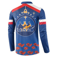 Blue back button sweatshirt with stable silhouette and poppy flower graphic hem