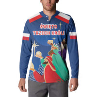 Blue button sweatshirt with Three Kings graphic, text, and red-white shoulder stripes