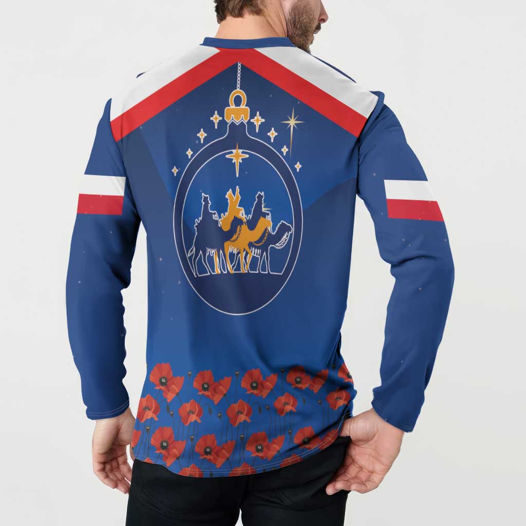 Blue back of button sweatshirt with oval star illustration and red poppy hem
