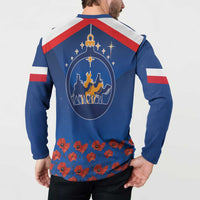 Blue back of button sweatshirt with oval star illustration and red poppy hem