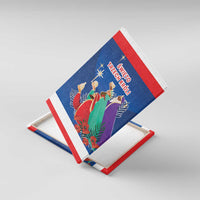 Three Kings Day blue canvas wall art angled on display, nativity figures with red trim