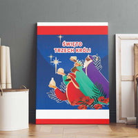 Three Kings Day blue canvas wall art front view with nativity figures and red bands