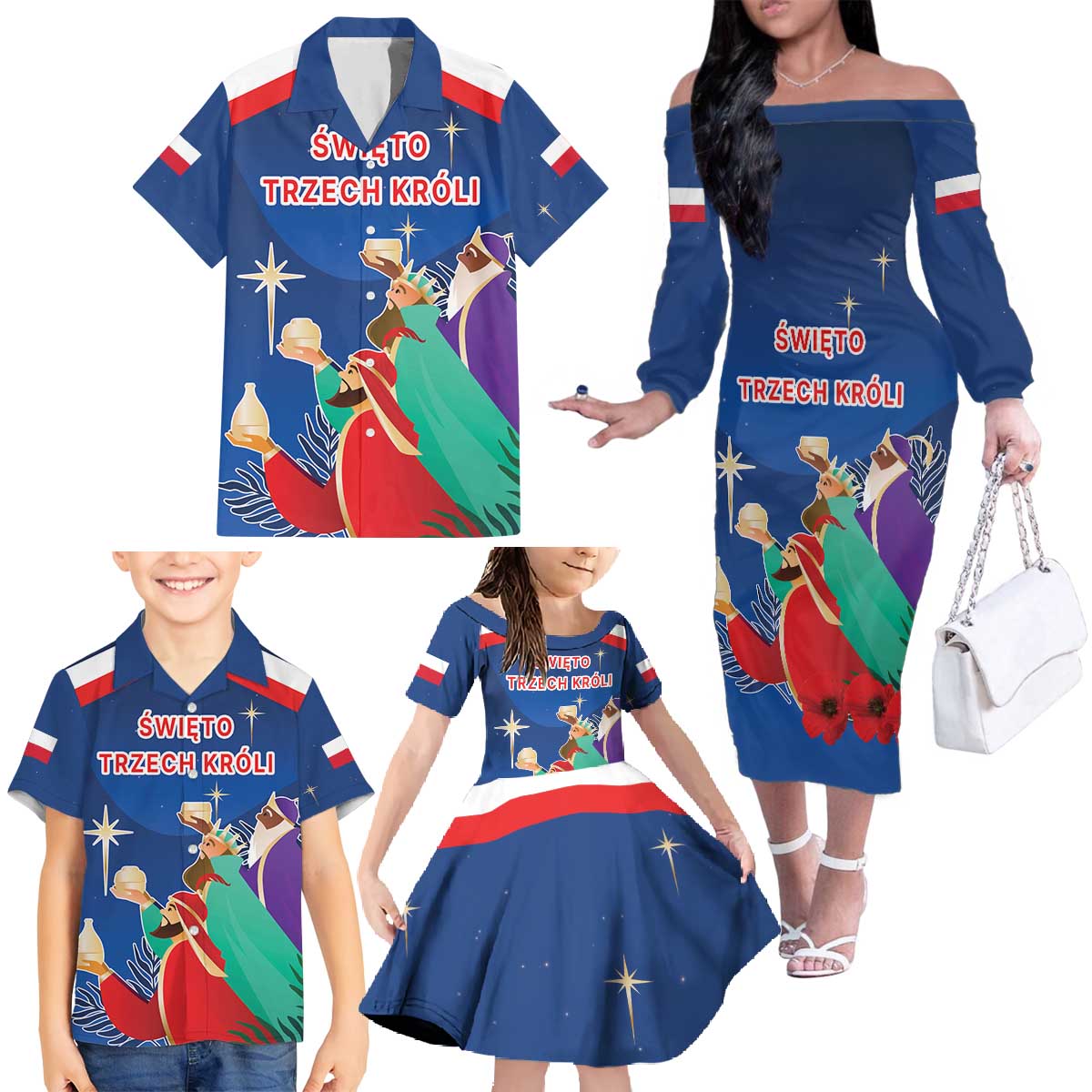 Poland Epiphany Family Matching Off The Shoulder Long Sleeve Dress and Hawaiian Shirt The Three Kings Day - Trzech Kroli