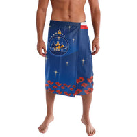 Blue printed sarong skirt with nativity scene, stars, and red poppy border