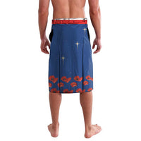 Blue printed sarong skirt with red waistband trim, star motifs, and red poppy hem