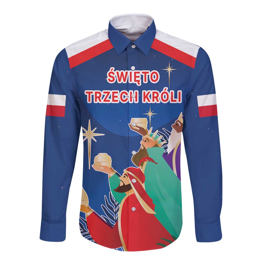 Unisex blue long-sleeve button shirt with Three Kings front graphic and stars