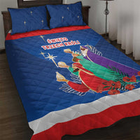 Blue quilt bed set with Three Kings print, red stripe, matching pillowcases