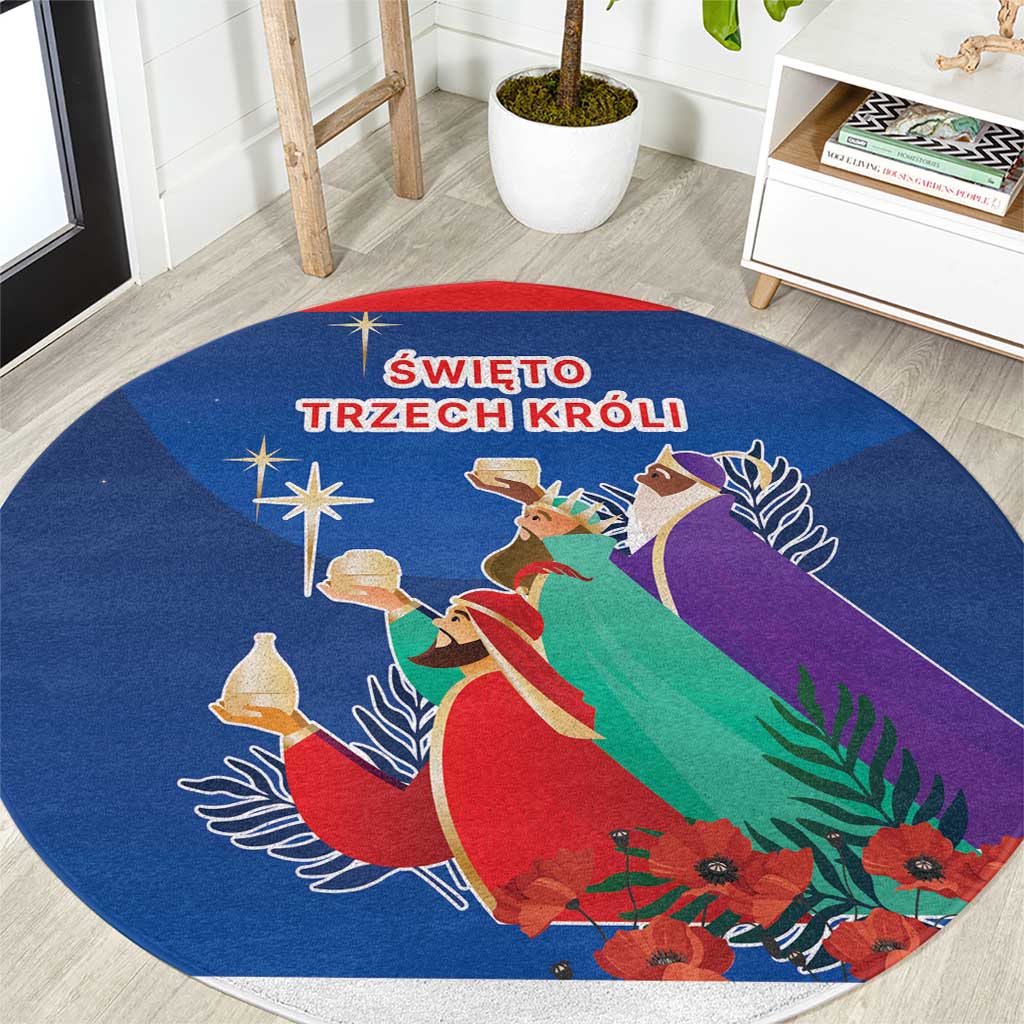 Blue round rug with nativity procession of three kings, star, and red floral accents
