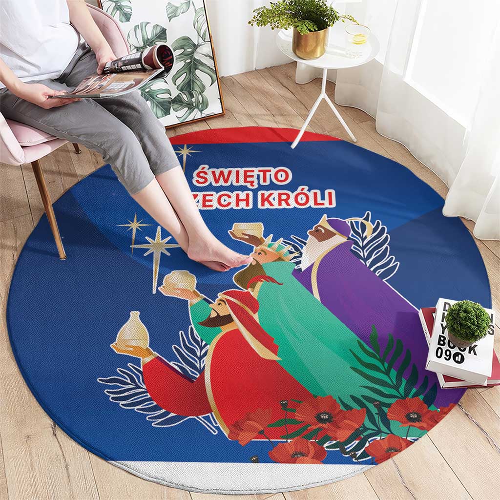 Blue round rug with nativity procession, star, purple robe king, and green foliage pattern
