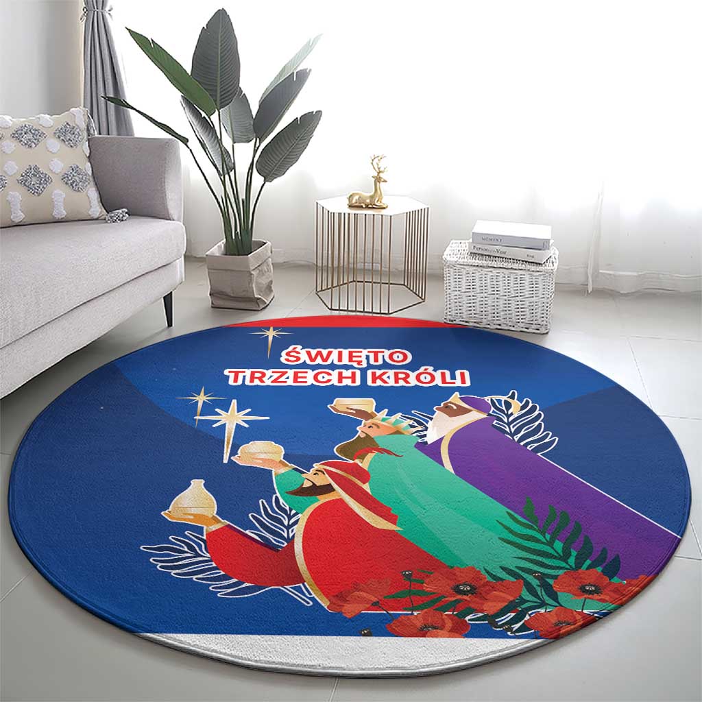 Blue round rug with nativity procession of three kings, star accents, and red flowers