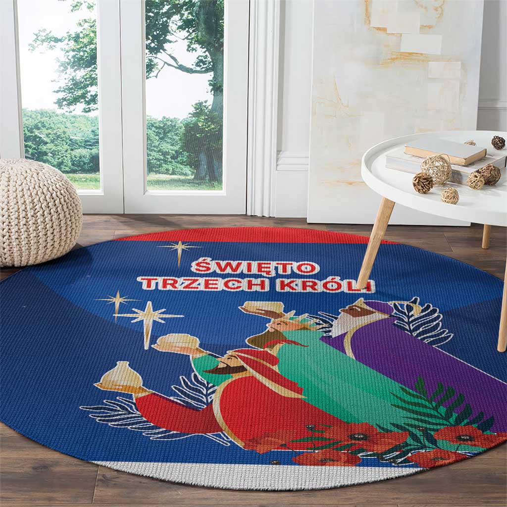 Blue round rug with nativity scene procession, star, purple robe, and green leaf details