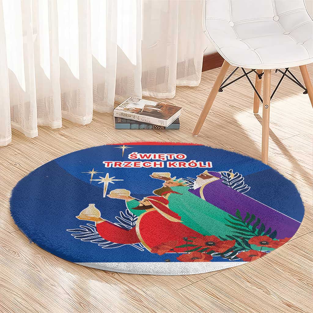 Blue round rug with nativity procession of three kings, star, and red flower details