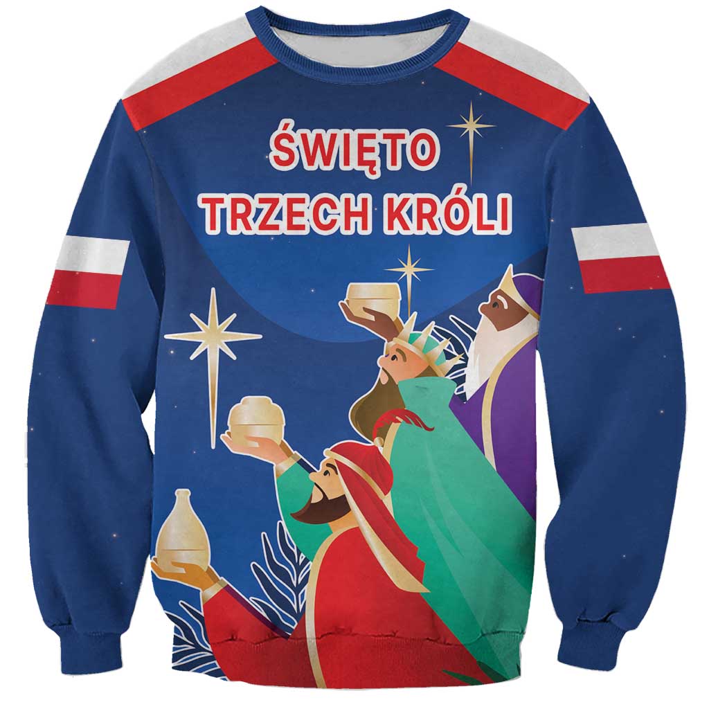 Blue unisex sweatshirt with Three Kings Day graphic and red and white sleeve stripes