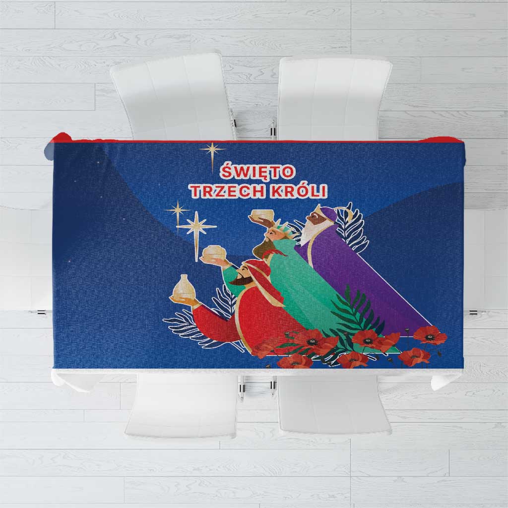 Blue Three Kings Day tablecloth with colorful nativity scene and gold star