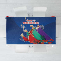Blue Three Kings Day tablecloth with colorful nativity scene and gold star