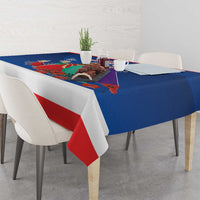 Blue Three Kings Day tablecloth with red-and-white border corner drape