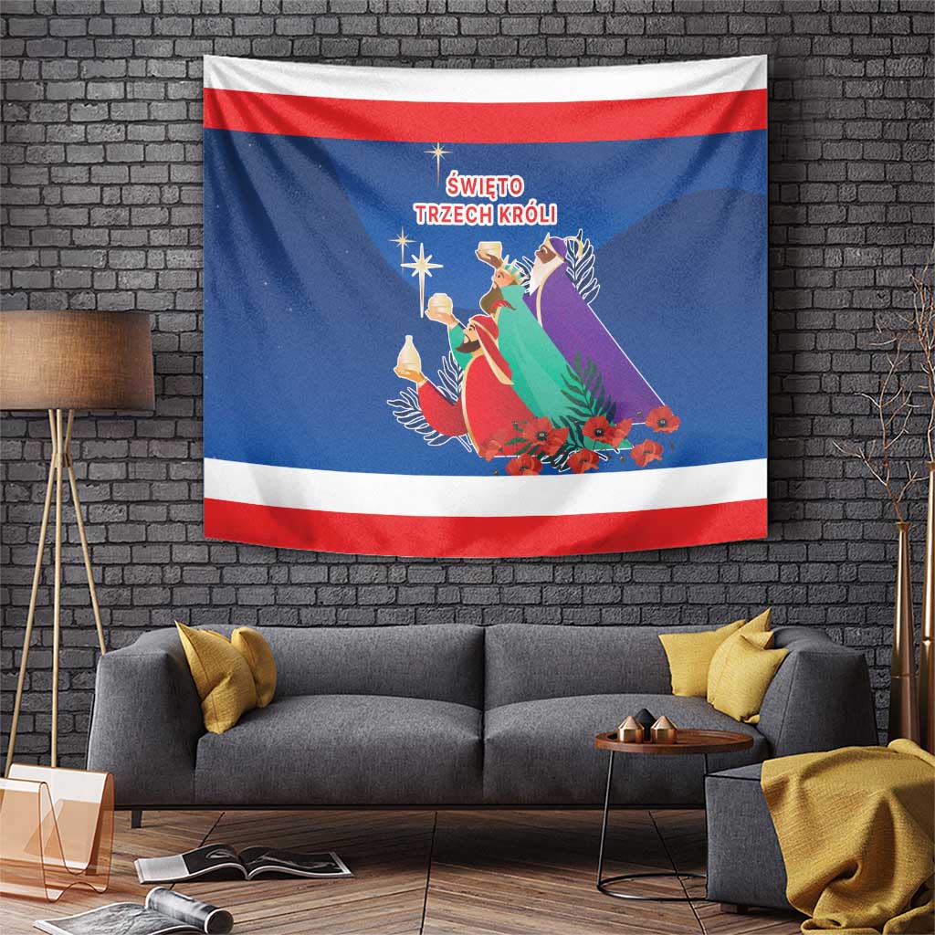 Blue tapestry with red and white border, Three Kings and star scene