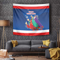 Blue tapestry with red and white border, Three Kings and star scene