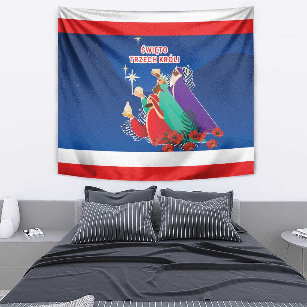Blue fabric wall tapestry with Three Kings illustration, red and white border