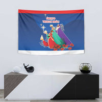 Blue tapestry with Three Kings and star, red and white border, rectangular hanging