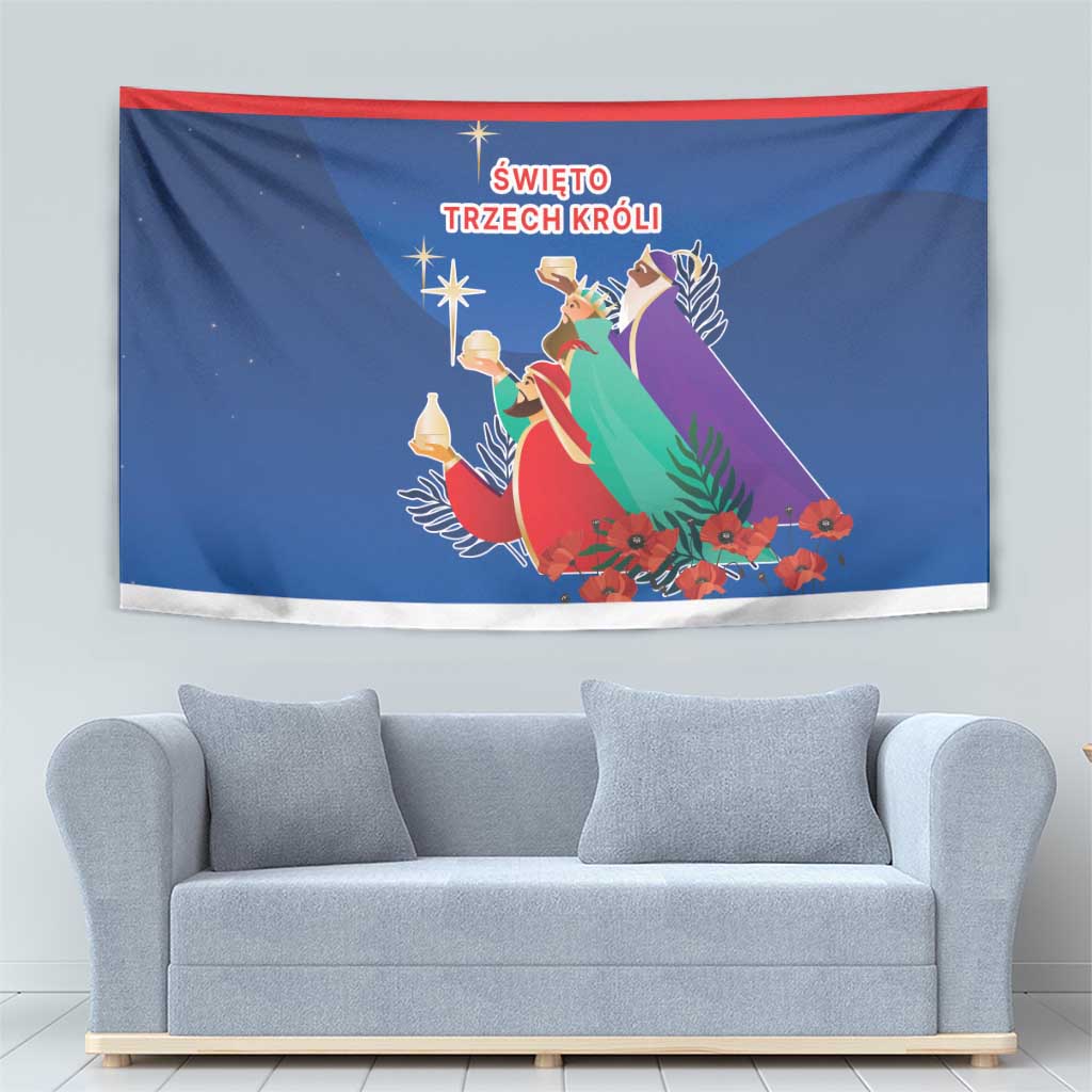 Blue Three Kings tapestry with red/white border, star and robed figures