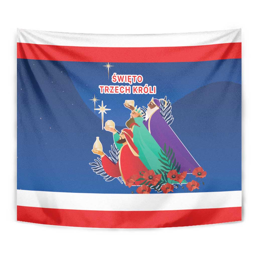 Blue Three Kings tapestry with red and white border, star and candles