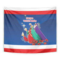 Blue Three Kings tapestry with red and white border, star and candles