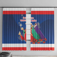 Pair of blue window curtains with red stripe and Three Kings illustration