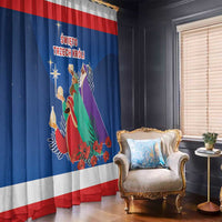 Blue window curtain with red stripe and Three Kings nativity scene print