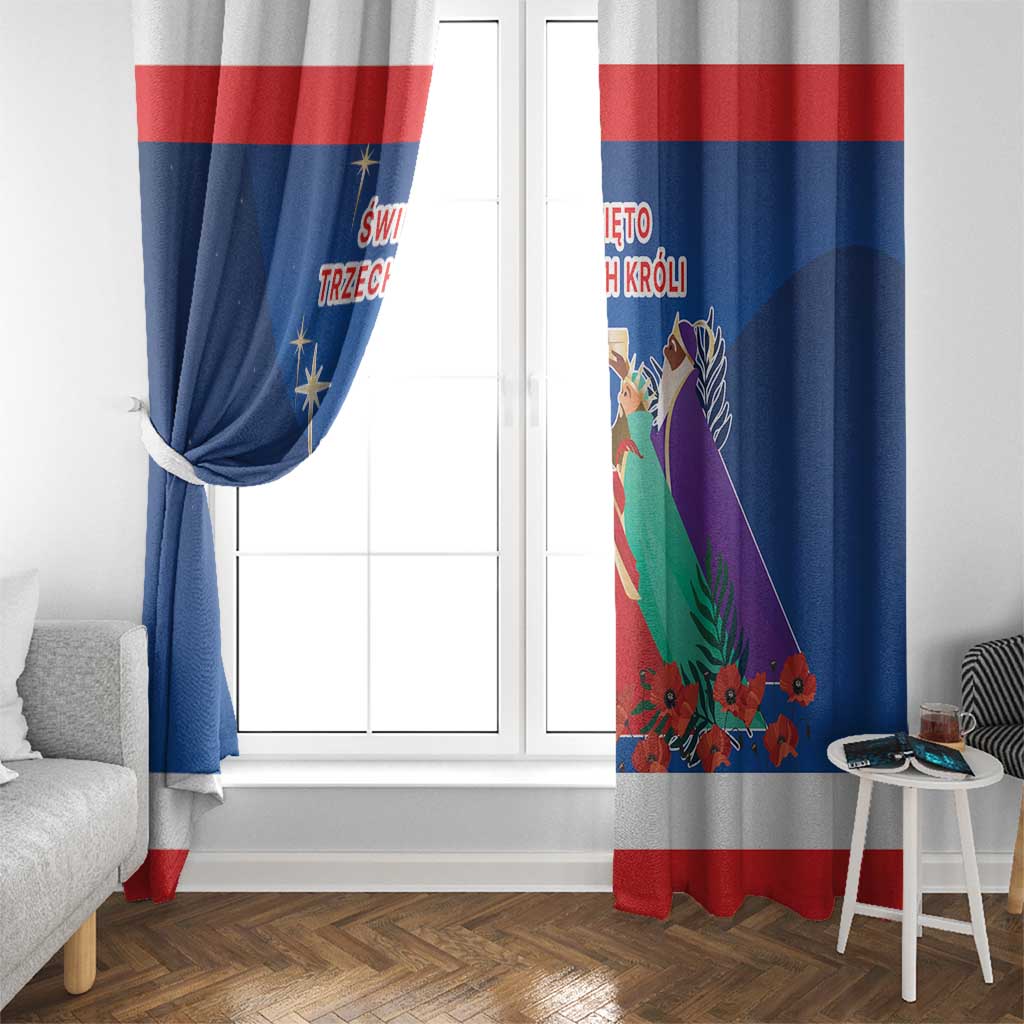 Blue window curtains with red bands and Three Kings nativity illustration