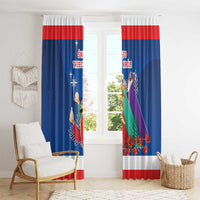 Blue window curtain set with red stripe and Three Kings festive scene