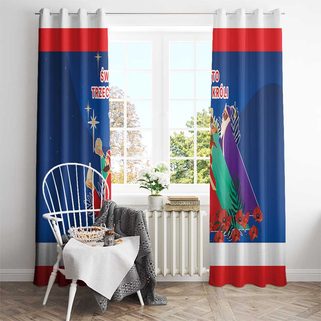 Blue window curtain panels with red stripe and Three Kings holiday design
