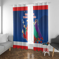 Blue window curtain panels with red stripe and Three Kings print at window