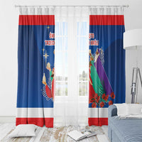 Blue window curtains with red stripe, Three Kings emblem and scene artwork