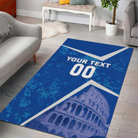 Blue area rug with white "YOUR TEXT 00" and Colosseum graphic