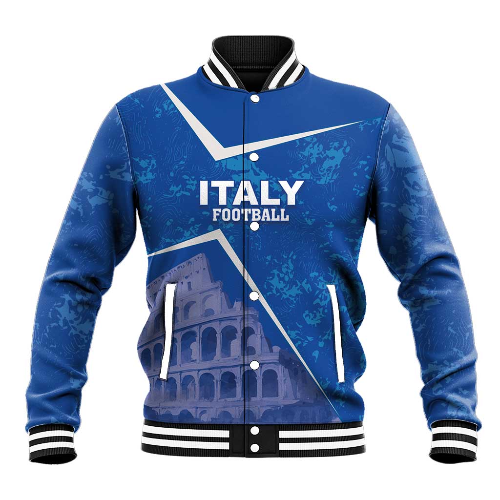 Blue baseball jacket with ribbed knit collar, snap front; front graphic ITALY FOOTBALL and Colosseum