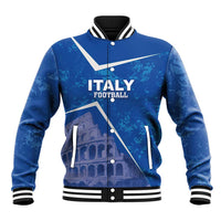 Blue baseball jacket with ribbed knit collar, snap front; front graphic ITALY FOOTBALL and Colosseum