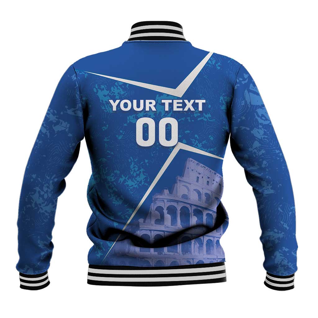 Blue baseball jacket with ribbed knit collar, cuffs, snap front; back graphic with YOUR TEXT 00