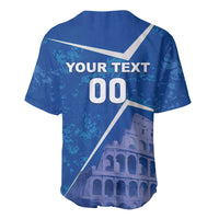 Blue football baseball jersey back with YOUR TEXT 00 and Colosseum graphic, white trim