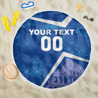 Round blue beach blanket with white fringe, 'YOUR TEXT' and '00' graphic