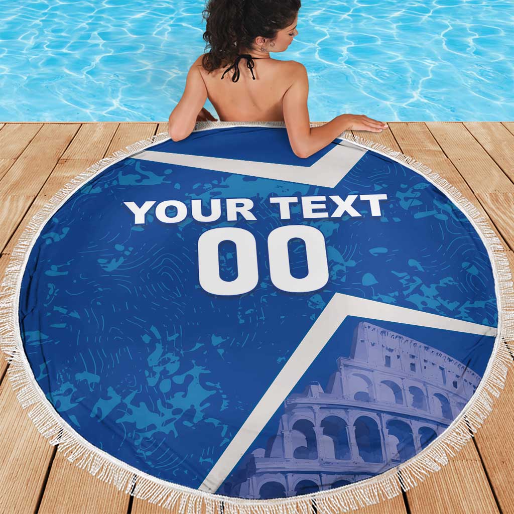 Round blue beach blanket with white fringe, 'YOUR TEXT' and '00' center design