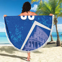 Round blue beach blanket with white fringe, 'YOUR TEXT' and '00' held up