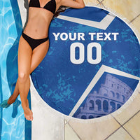 Round blue beach blanket with white fringe, 'YOUR TEXT' and '00' over the pool area