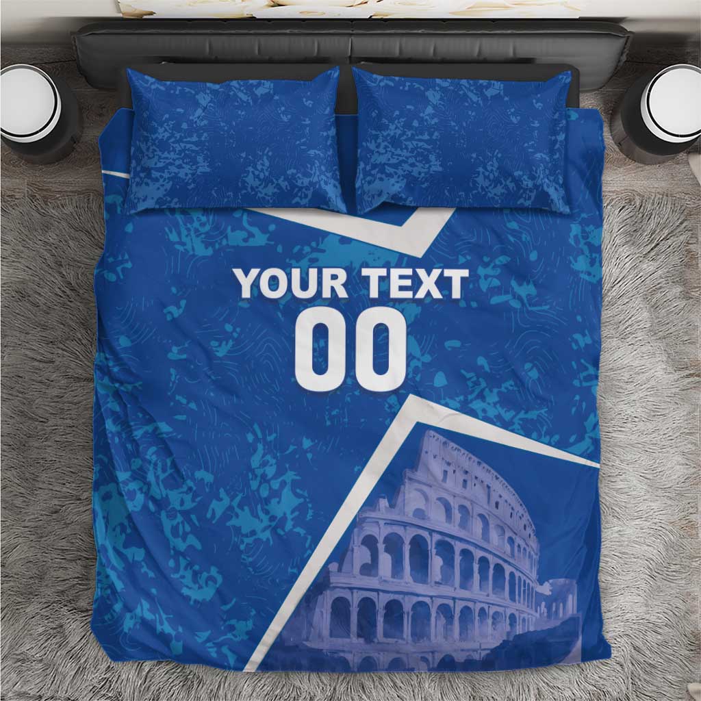 Blue bedding set viewed from above with Colosseum print and YOUR TEXT 00 center