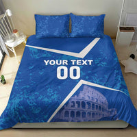 Blue bedding set on bed with Colosseum print, white geometric band, and YOUR TEXT 00